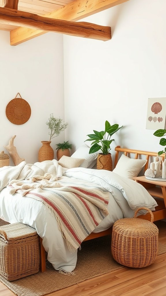 A cozy Coastal Boho bedroom featuring a wooden bed with soft bedding, woven baskets, and plants.