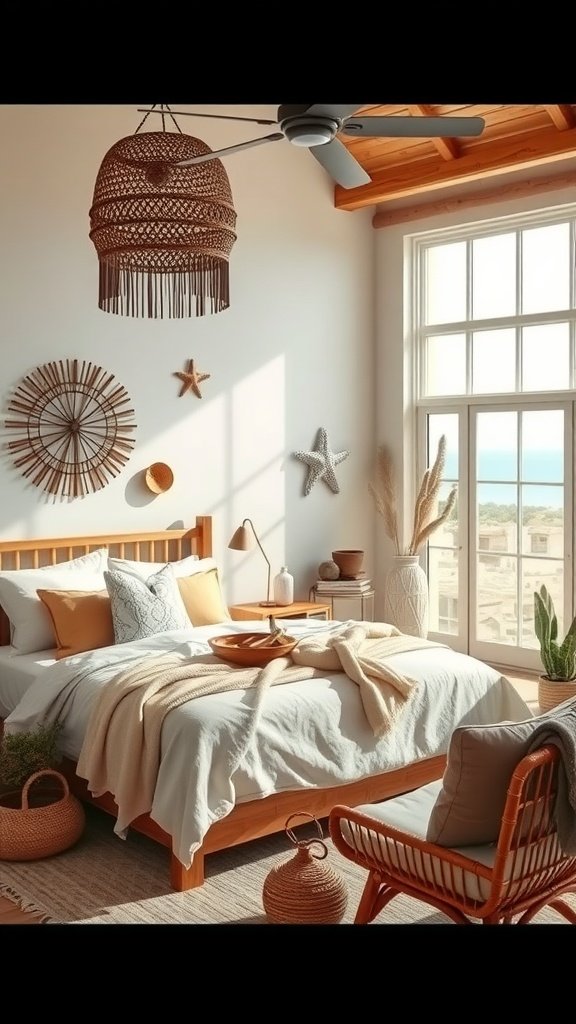 A cozy coastal boho bedroom with natural wooden furniture, rattan decor, and large windows letting in sunlight.