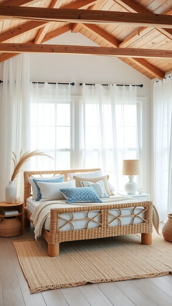 A Coastal Boho Breeze bedroom featuring a woven bed, light curtains, and natural decor.