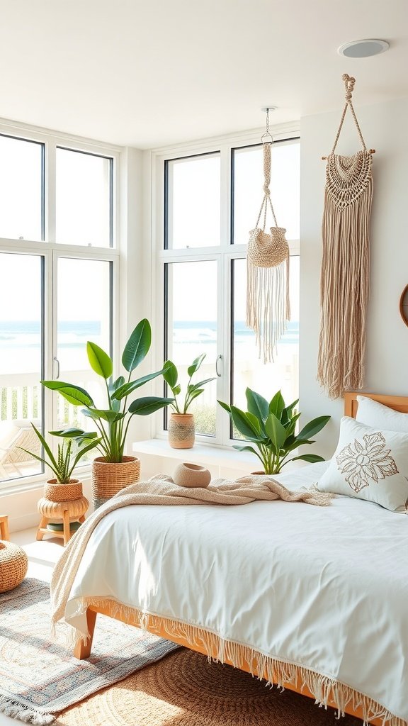 Coastal Boho Chic Bedroom with large windows, white bedding, and potted plants