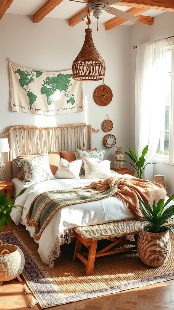 A beautifully styled coastal boho bedroom featuring a woven headboard, layered textiles, and plants.