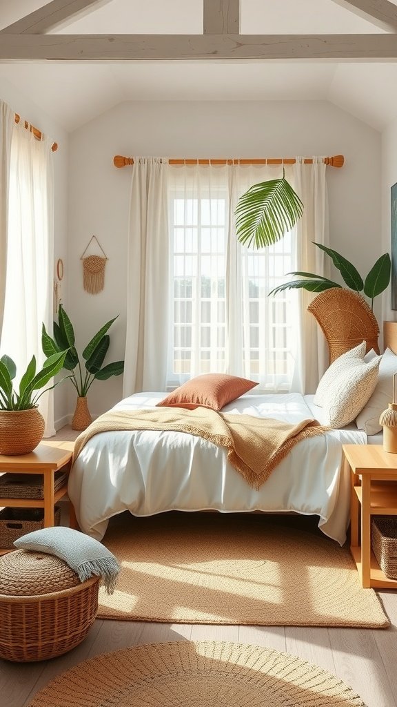 A bright and airy Coastal Boho bedroom featuring palm leaves, neutral bedding, and natural decor.