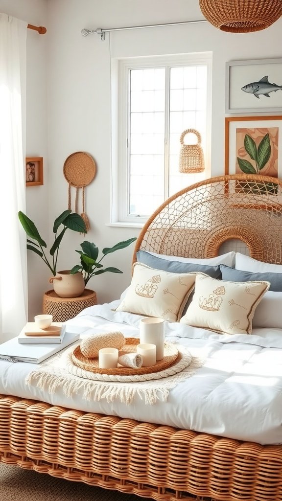 A cozy bedroom featuring a rattan bed, soft bedding, decorative pillows, green plants, and natural light, embodying Coastal Boho style.