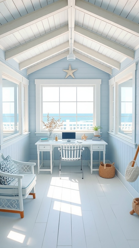 A serene She Shed office with light blue walls, large windows overlooking the ocean, a white desk, and comfortable seating, embodying a coastal theme.
