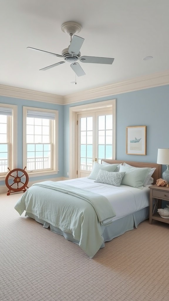 Coastal chic master bedroom with light blue walls, a comfortable bed, and nautical decor