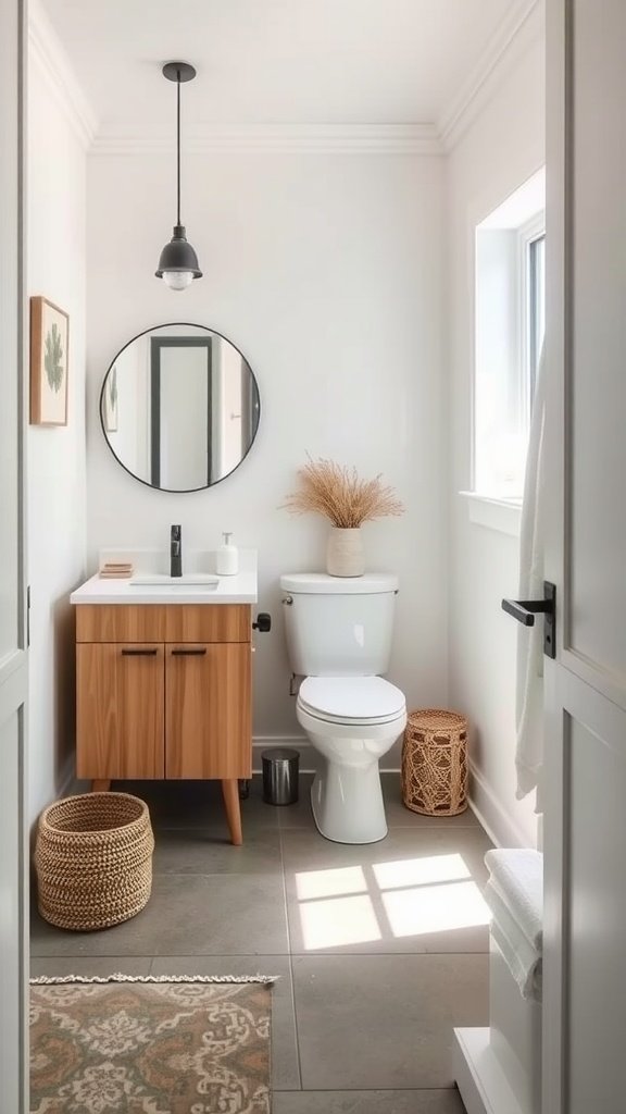 A coastal-style powder room featuring a wooden vanity, concrete floor, and natural light.