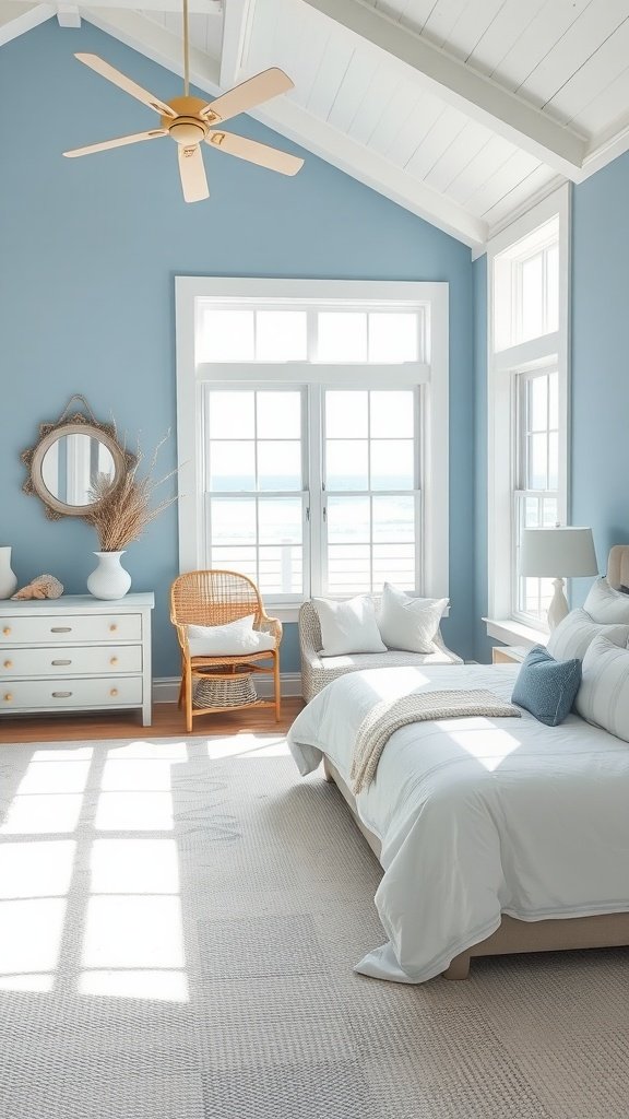 A master bedroom with blue walls, white bedding, and large windows overlooking a coastal view.
