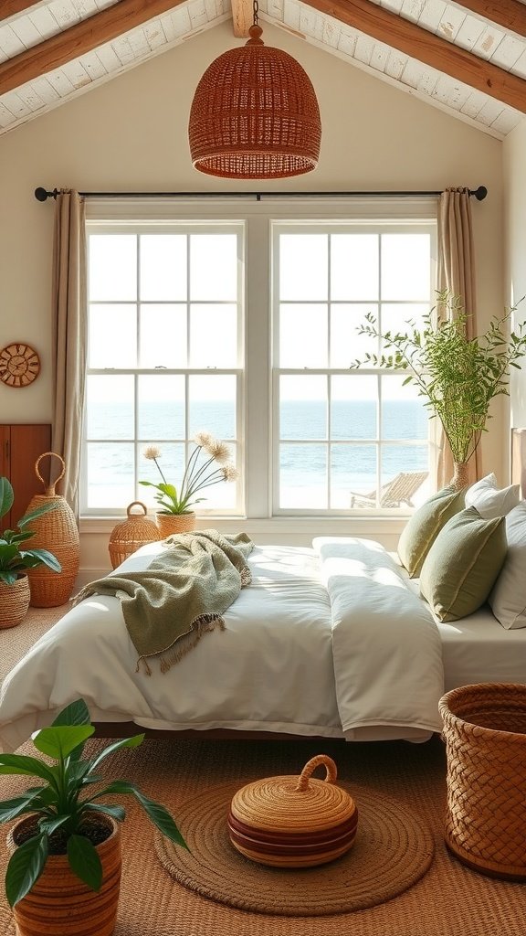 A coastal inspired bedroom featuring green and terracotta decor with large windows overlooking the sea.