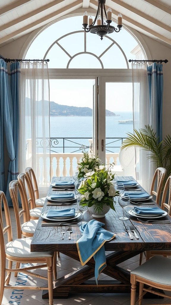 A coastal Italian dining room with a large wooden table, elegant chairs, and views of the sea through large windows.