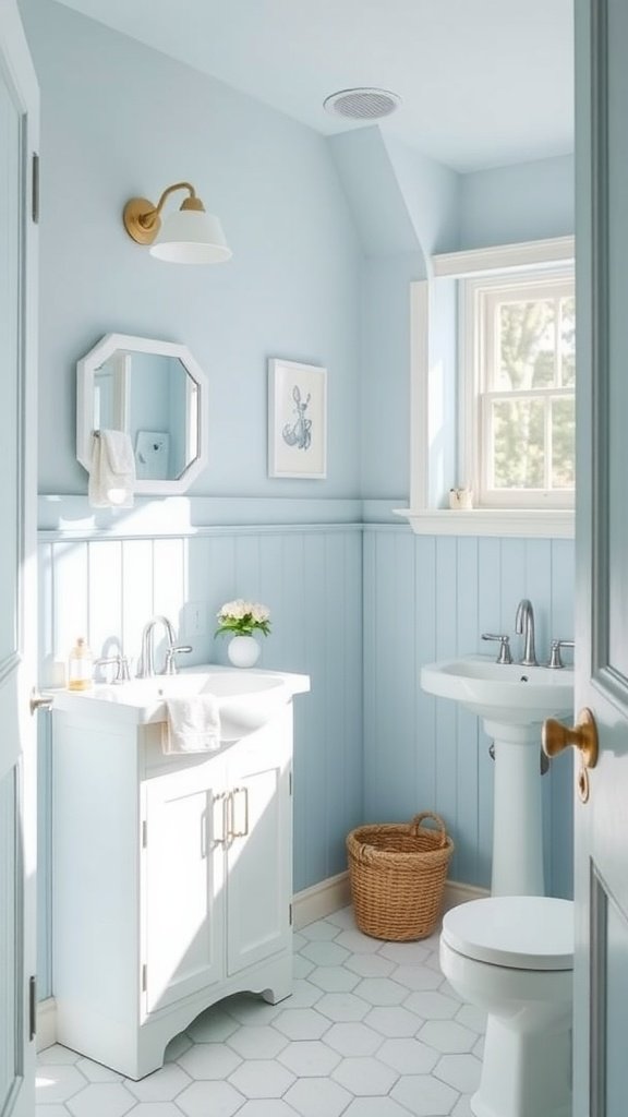 A small coastal bathroom featuring pale blue walls, a white vanity, and nautical decor.