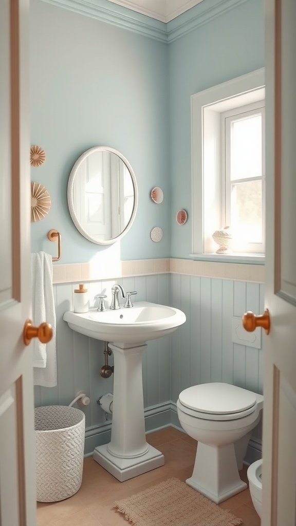 A small coastal bathroom with light blue walls, a round mirror, and decorative wall pieces.