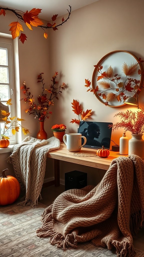 A cozy fall home office with warm colors, pumpkins, and autumn leaves.