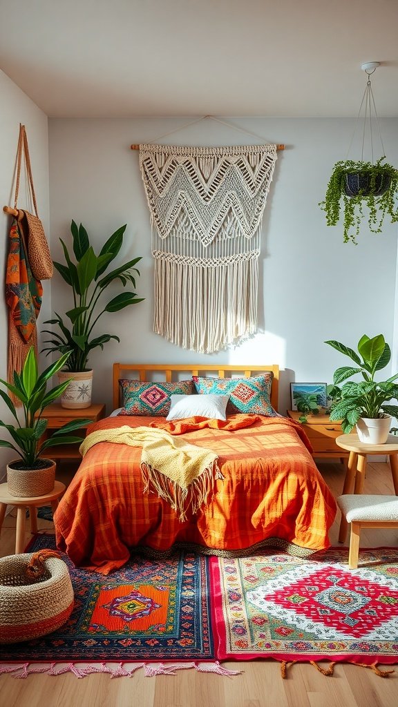 A vibrant boho bedroom featuring orange bedding, macramé wall hanging, and layered rugs.
