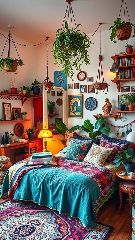 A colorful Boho styled bedroom featuring a vibrant bedspread, hanging plants, and eclectic wall art.