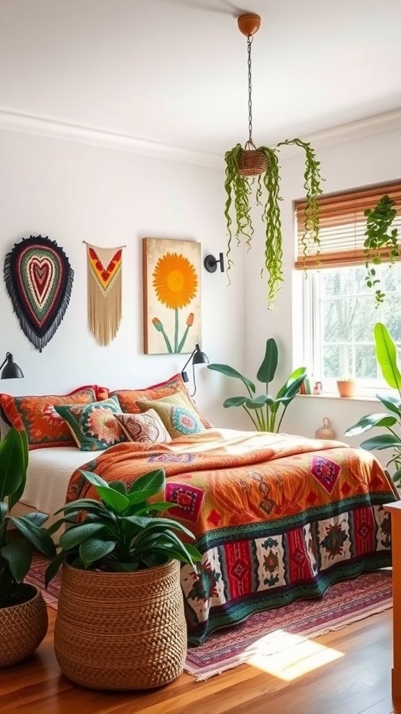 A vibrant boho bedroom with orange bedding, decorative pillows, wall hangings, and green plants