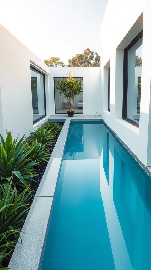 A compact lap pool alongside a modern house with greenery