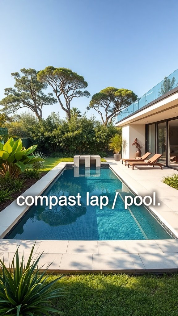 A compact lap pool next to a modern house, surrounded by greenery.