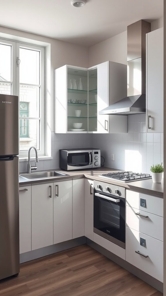 Compact U-shaped modern kitchen with white cabinets and stainless steel appliances