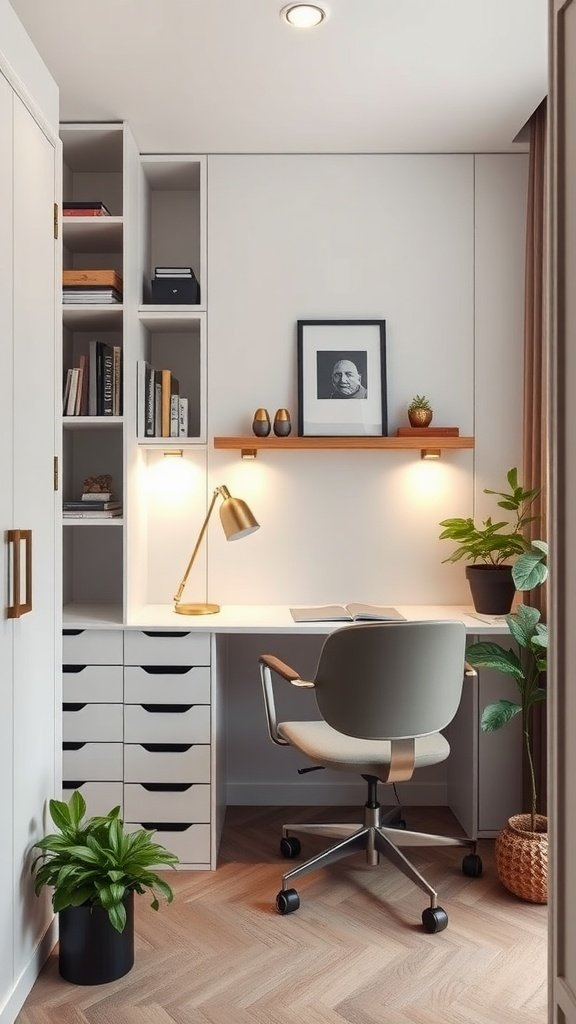 A small home office with a desk, chairs, bookshelves, and plants, showcasing concealed storage solutions.