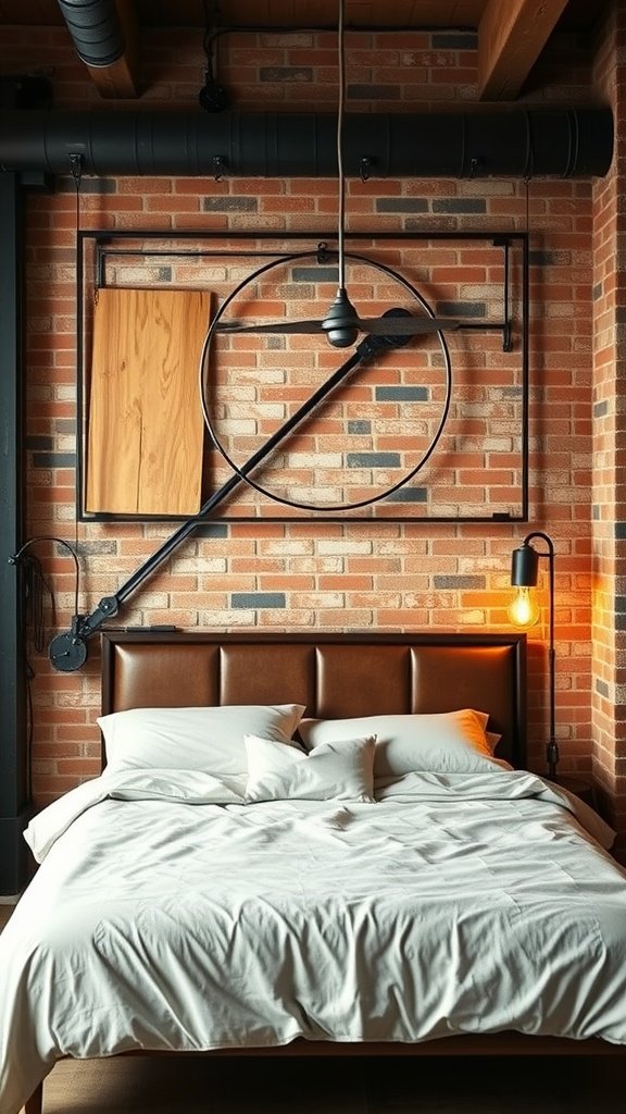 Industrial bedroom featuring a leather headboard, exposed brick wall, and unique wall-mounted decor.