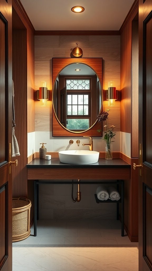 A contemporary bathroom featuring warm wood cabinetry, brass fixtures, and a stylish circular mirror above a sleek sink.