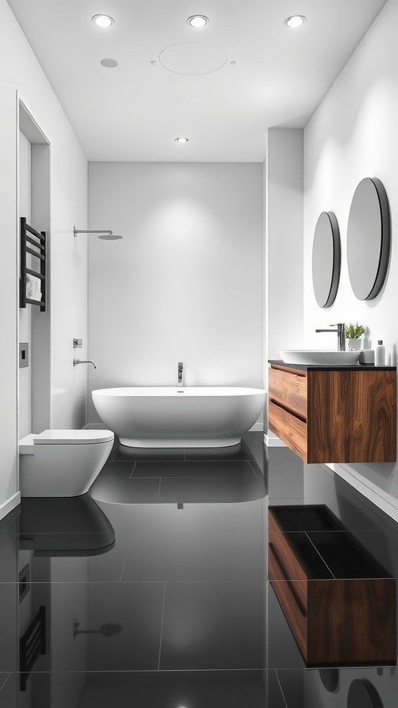 Contemporary bathroom featuring black floor tiles, white walls, and a wooden vanity