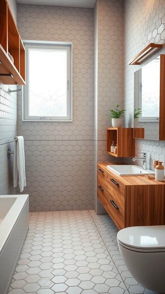 Contemporary bathroom featuring hexagon tiles and warm wood accents