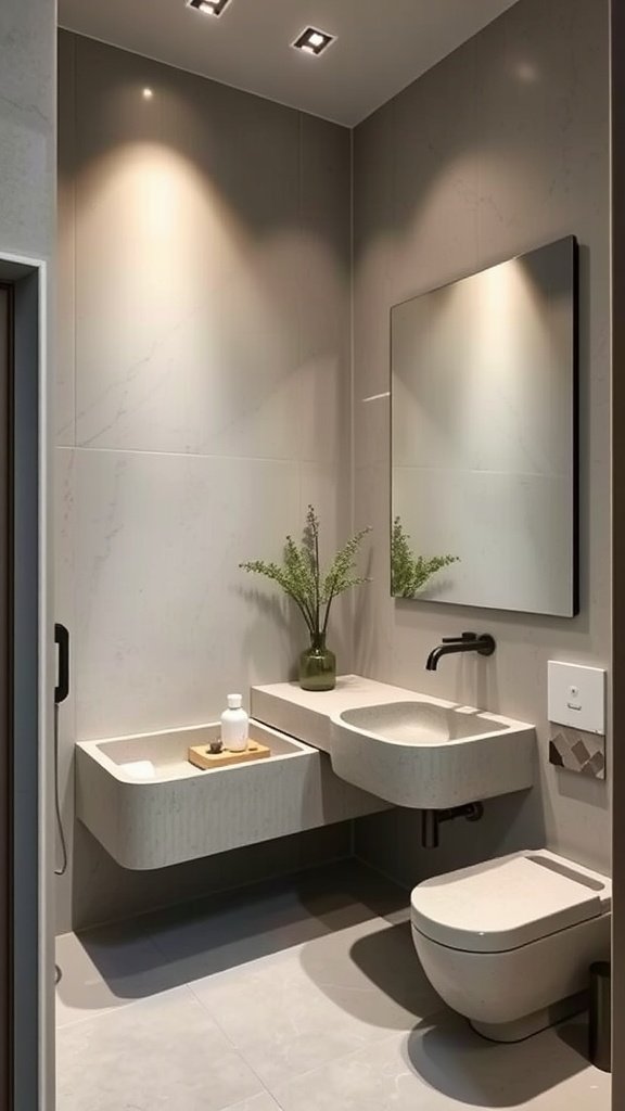 A contemporary very small bathroom featuring a concrete floating vanity, a modern sink, neutral tones, and a small plant for decoration.