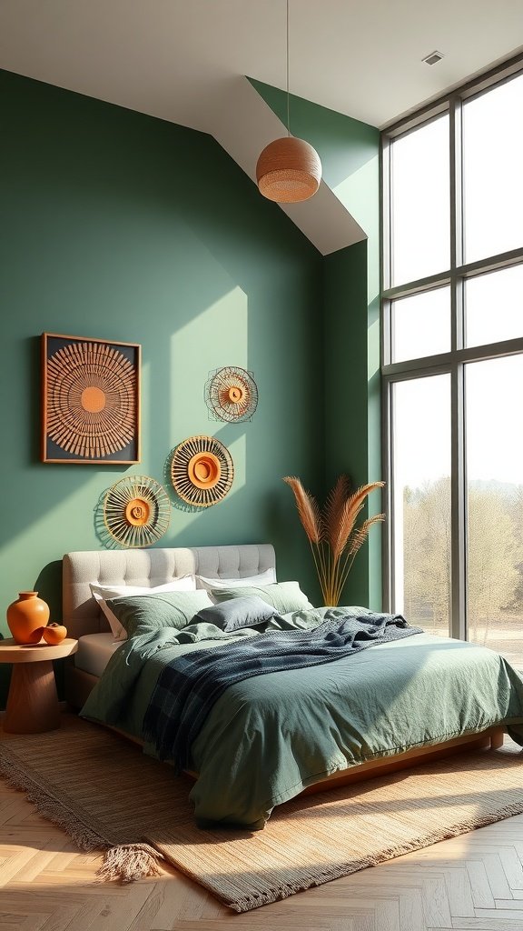 A contemporary bedroom featuring green walls and terracotta decor, with large windows allowing natural light to fill the space.