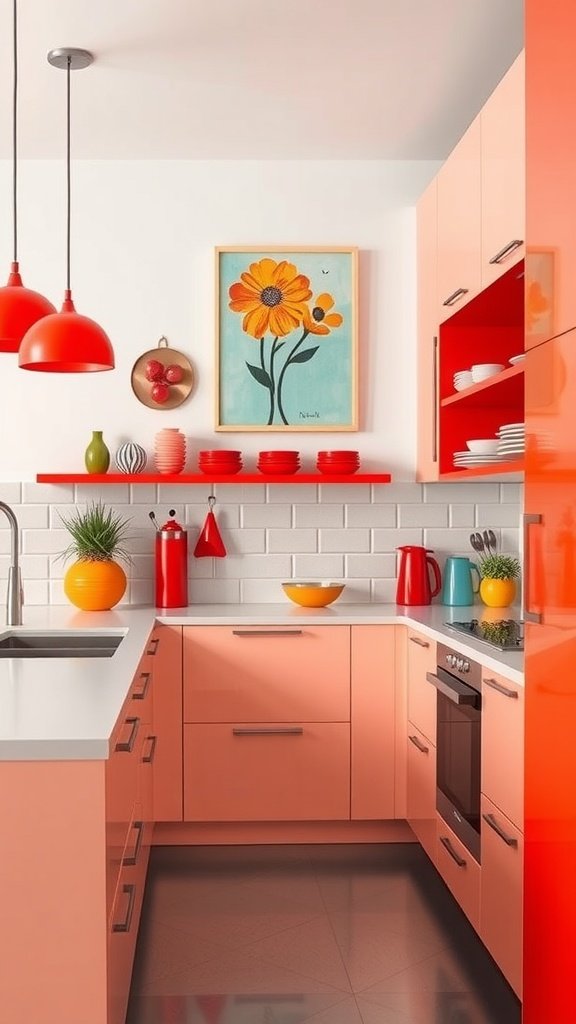 Small contemporary kitchen featuring coral cabinets, red pendant lights, and colorful decor.