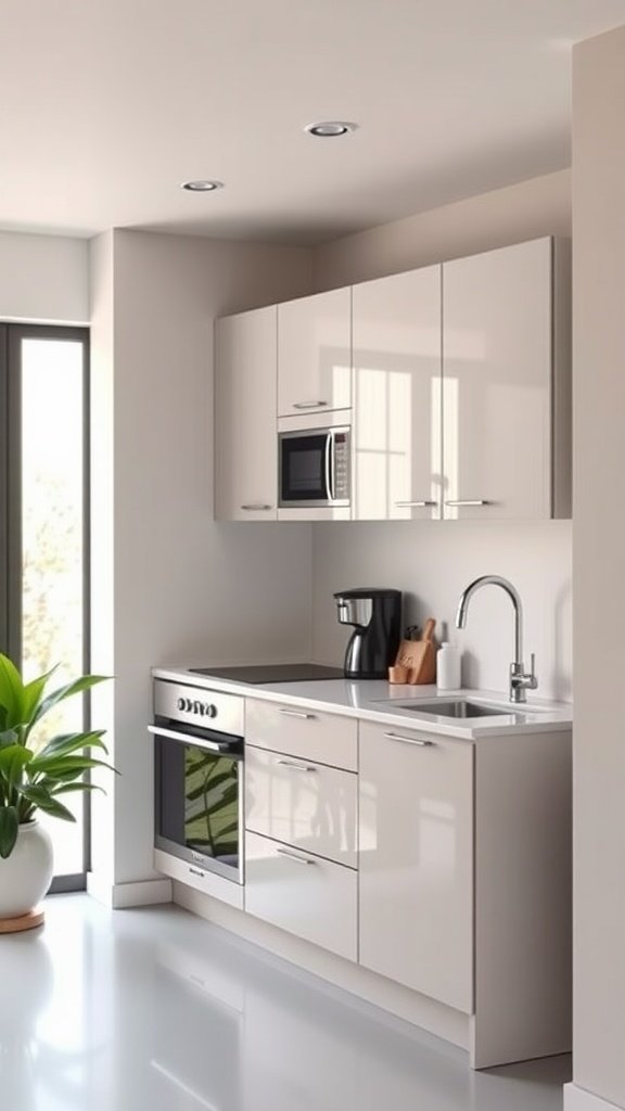 A modern micro kitchen featuring sleek cabinets, a black countertop, and a potted plant.