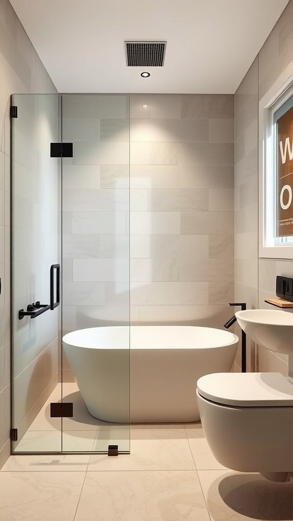 Contemporary tiny bathroom with a walk-in shower, freestanding bathtub, and modern fixtures.