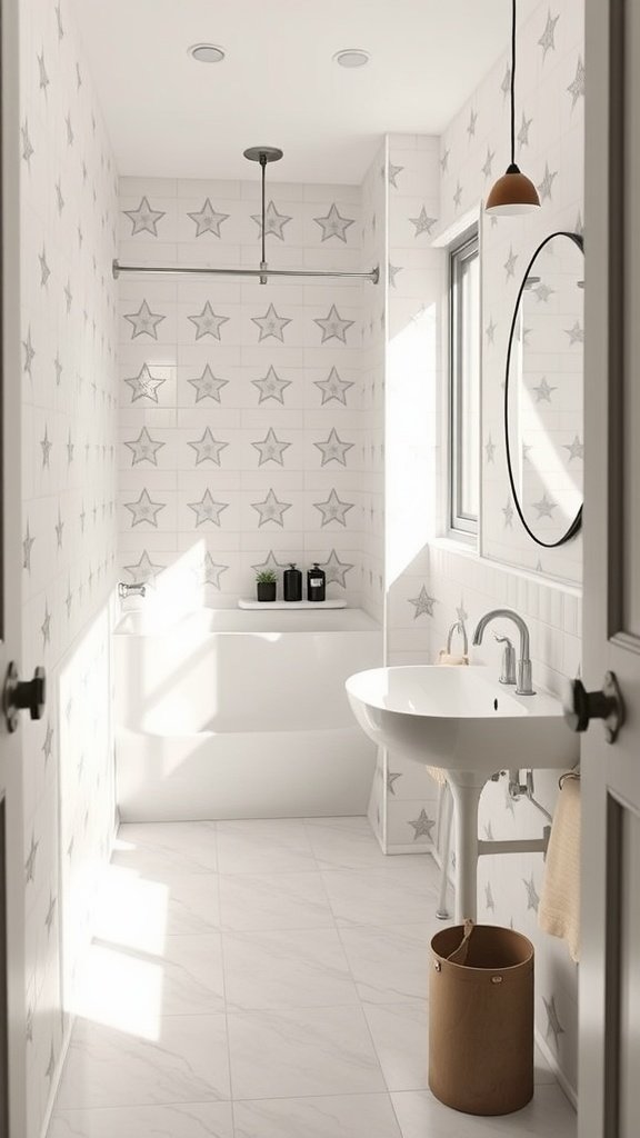 A contemporary very small bathroom featuring star-patterned tiles, a bathtub, and a sink.