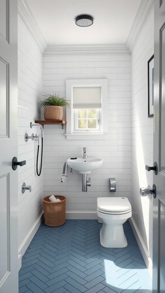 Very small bathroom featuring blue herringbone floor tiles, white walls, a wall-mounted sink, and a small plant on a shelf.