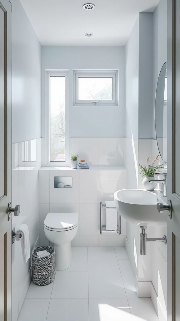 A contemporary very small bathroom featuring light blue walls, natural light from windows, and efficiently placed fixtures.