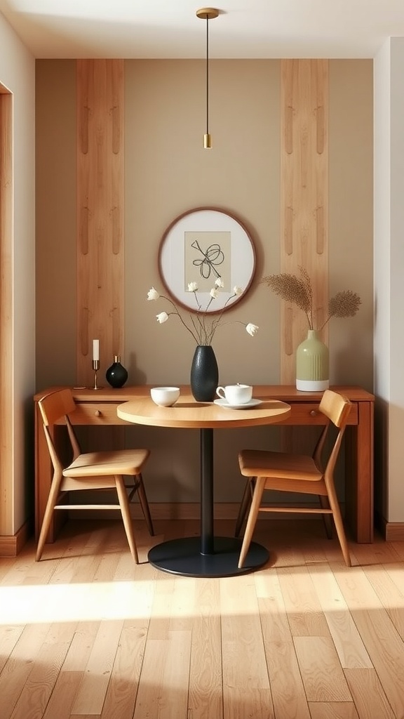 A compact dining nook featuring a convertible console-to-dining table with wooden chairs, a vase, and decorative elements.