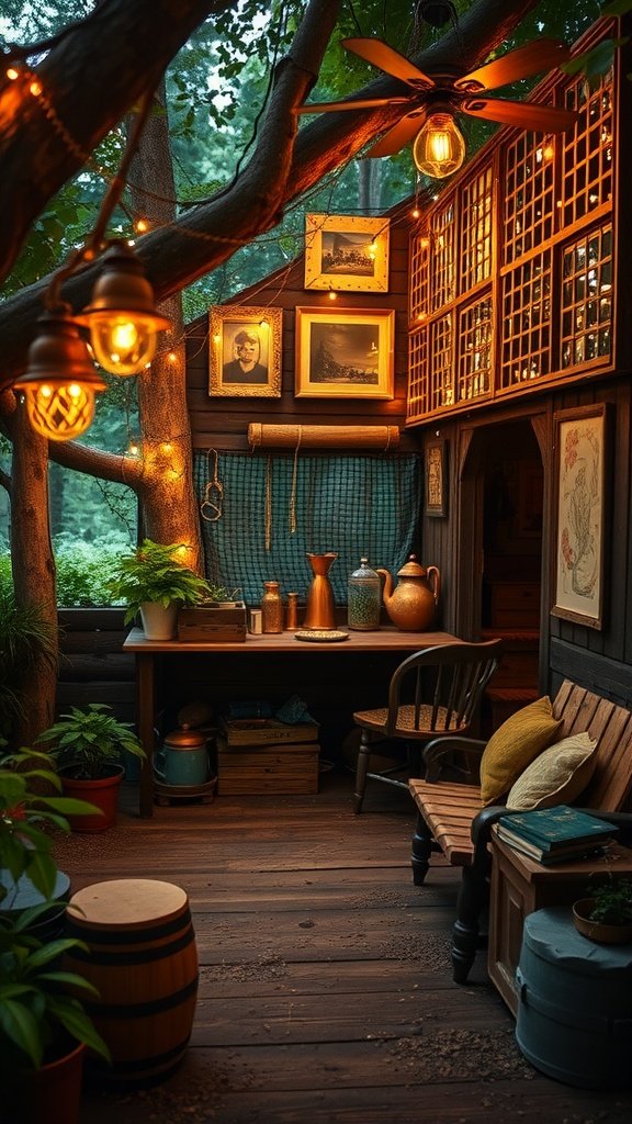 Cozy hideout in a forest with wooden decor, warm lights, and plants.