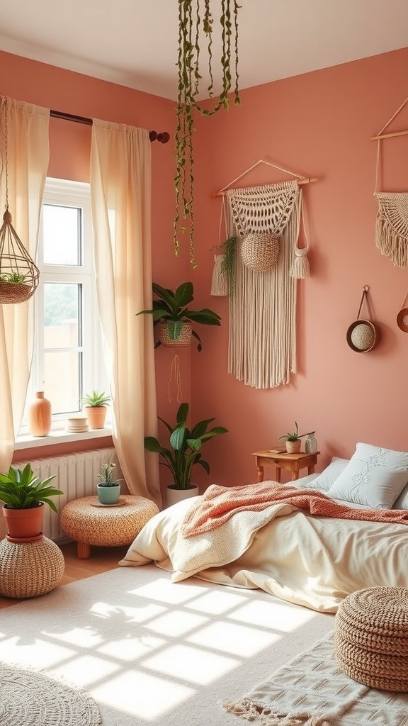 A cozy coral boho bedroom with plants, macramé wall hangings, and layered textiles.