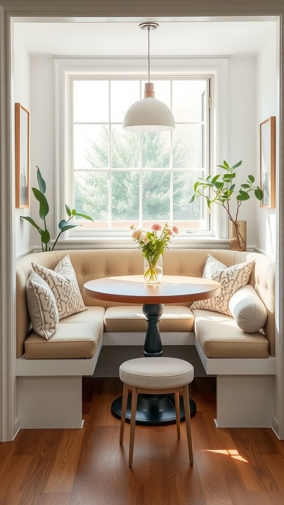 A cozy corner banquette seating area with a round table, soft cushions, and a window bringing in natural light.