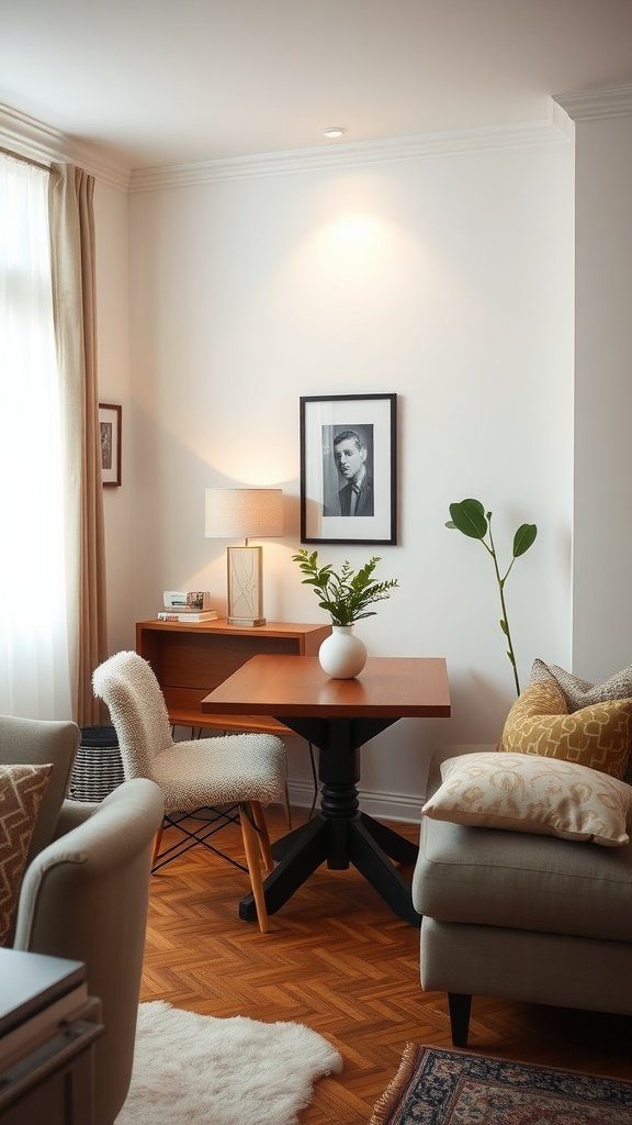 Cozy corner dining area in a small living room with a wooden table and stylish chairs.