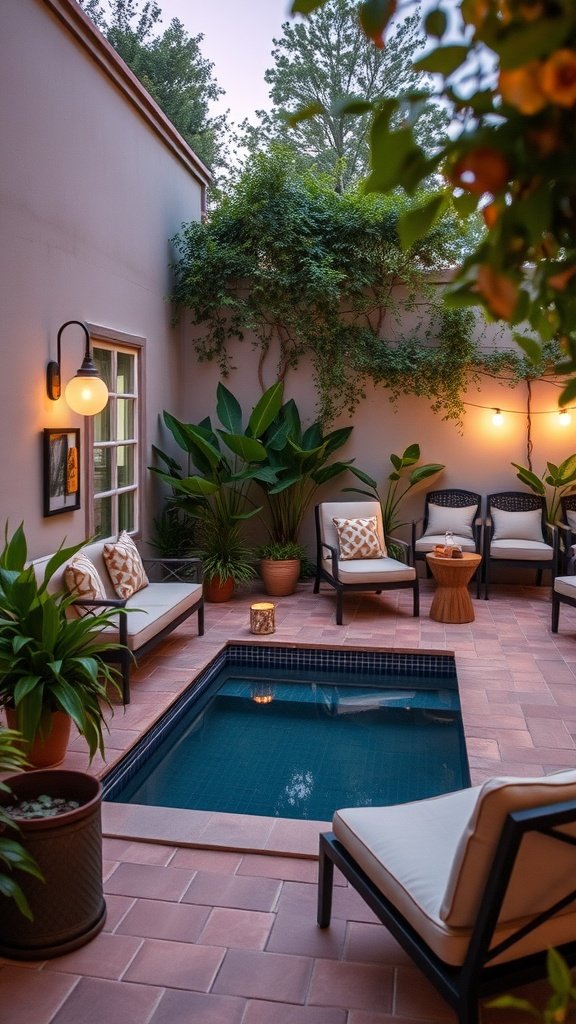 A cozy courtyard featuring a small plunge pool surrounded by lush plants and comfortable seating.