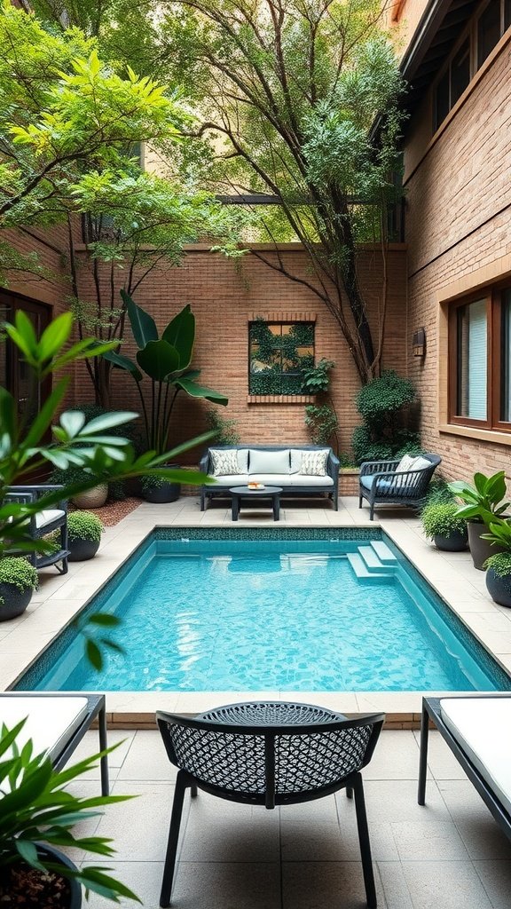 A cozy courtyard featuring a small plunge pool surrounded by lush greenery and comfortable seating.