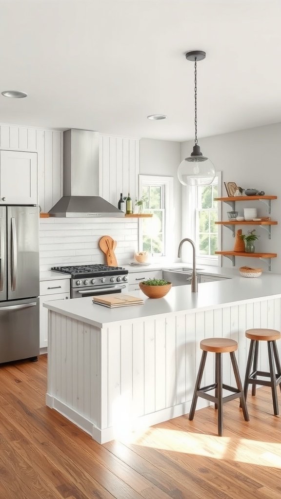 A modern kitchen with a peninsula covered in white vertical shiplap, featuring wooden bar stools and a stainless steel stove.