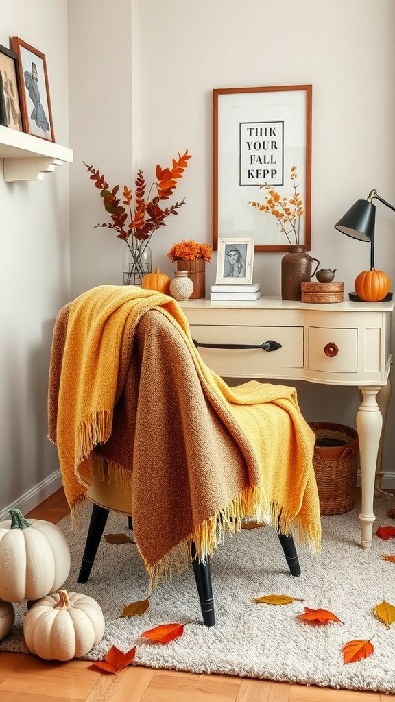Cozy home office with warm colors, a chair draped in a blanket, pumpkins, and fall decor.