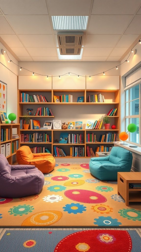 A cozy classroom reading corner with colorful bean bag chairs, a vibrant rug, and bookshelves filled with books.
