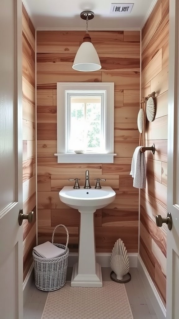 Cozy coastal powder room featuring wooden plank walls, a pedestal sink, and natural light from a window.