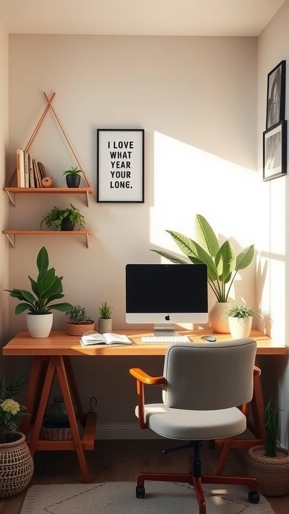 A cozy corner home office setup featuring a wooden desk with a computer, plants, and motivational wall art.
