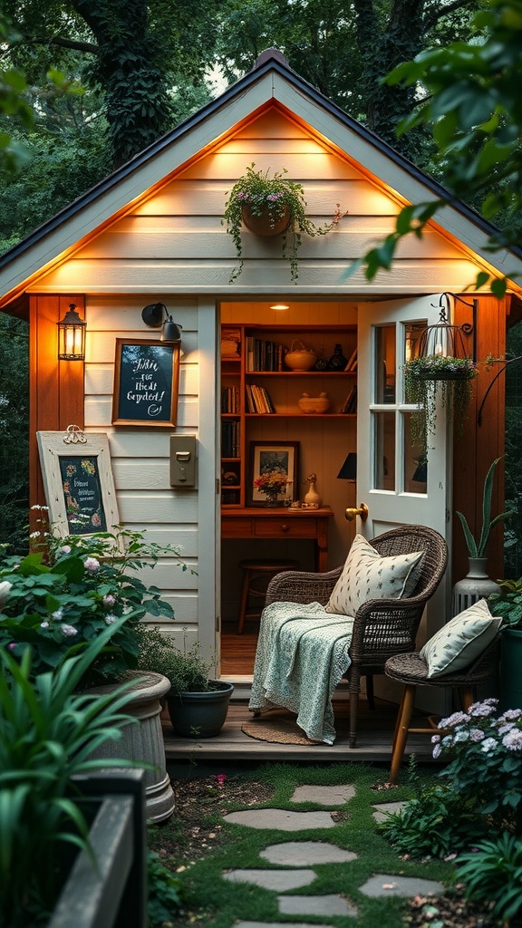 A cozy she shed office with warm lighting, plants, and a welcoming entryway surrounded by greenery.