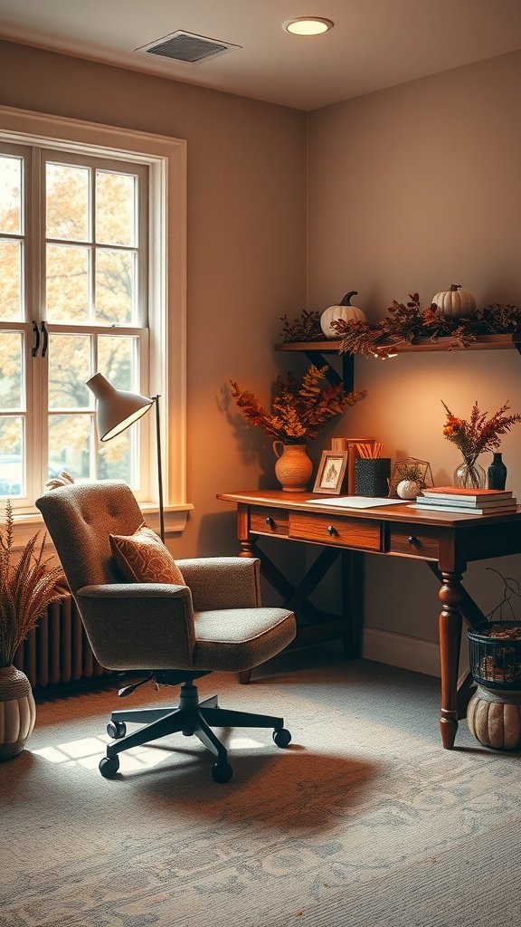 A cozy fall home office with a wooden desk, plush chair, and autumn-themed decorations.