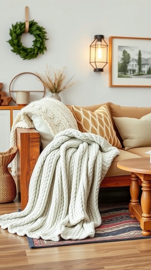 A cozy knit throw blanket draped over a sofa in a modern farmhouse living room.